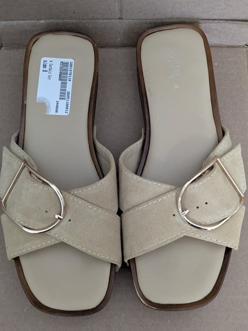 Zara Sandal Size 8 - 38 Beige Suede Crisscross Straps Gold Buckle Y2K vibes